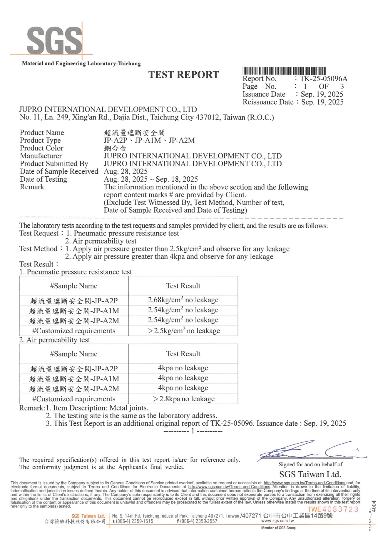 Product Name: Excess Flow Shut-off Valve (Copper Alloy)

Test Items: Air Pressure Resistance Test and Air Leakage Test

Test Results: All test samples (JP-A2P, JP-A1M, JP-A2M) passed the tests with no leakage observed.

Report Date: September 19, 2025 (Reissued)